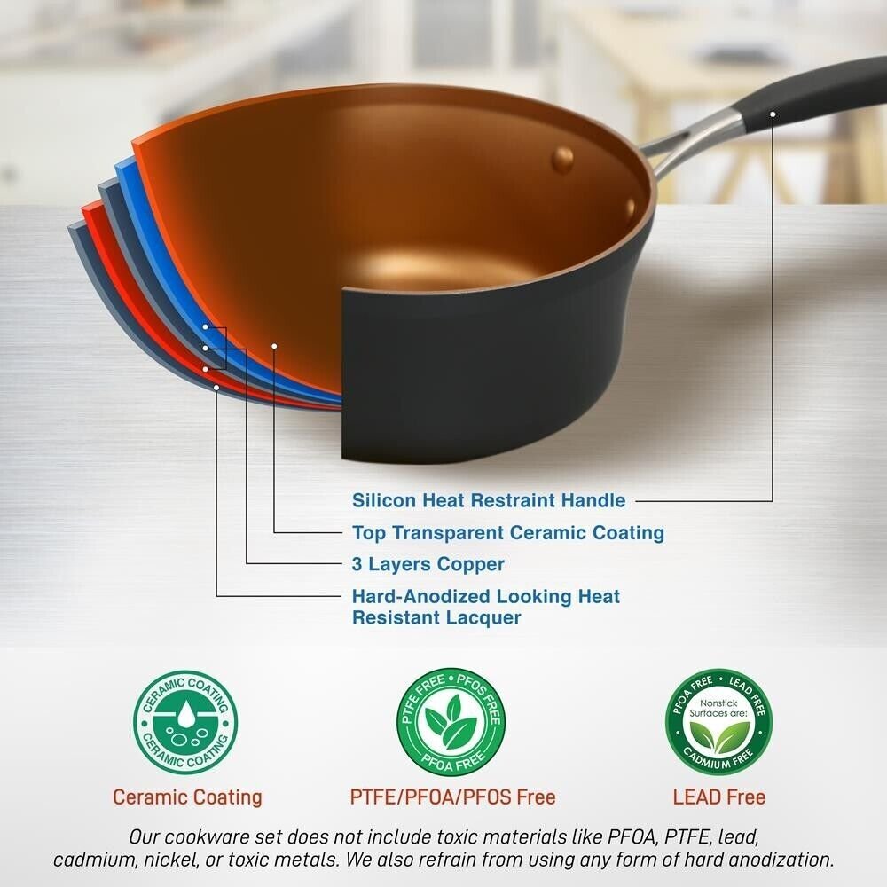 NutriChef 14-pcs Luxurious Stackable Cookware Set. Non-Stick Ceramic Coating