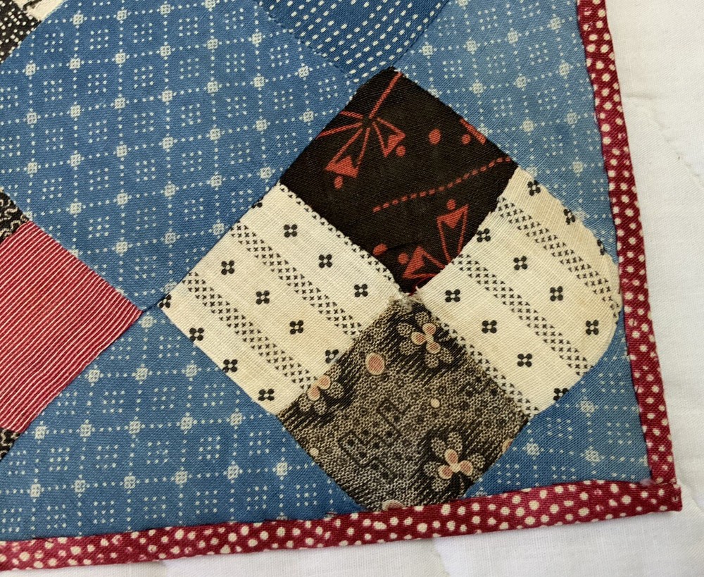 Vintage Antique Patchwork Quilt Table Topper, Four Patch, Blue, Multi