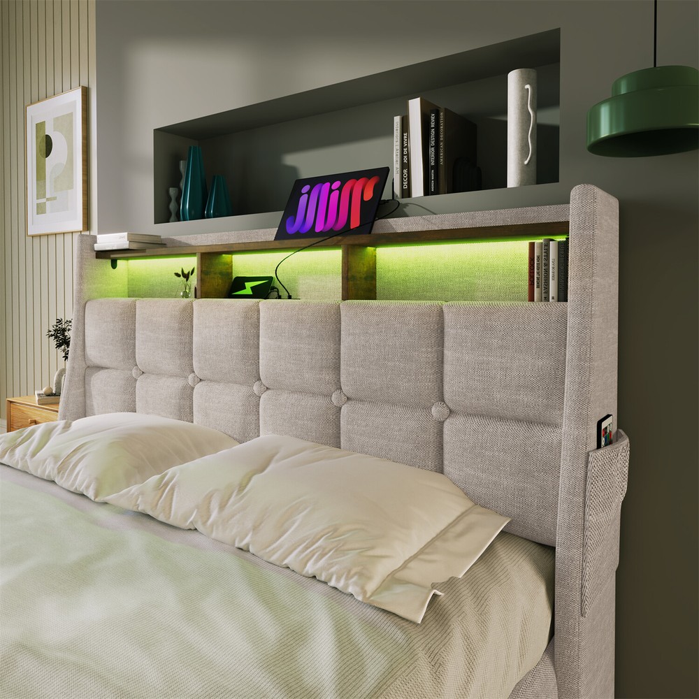 Queen Size LED Bed Frame Upholstered Platform Bed w/ Hydraulic Storage System