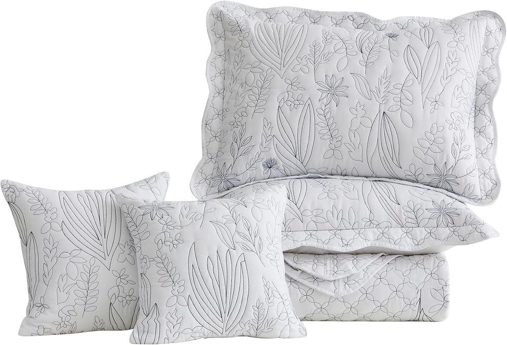Botanical Oversized Bedspread King Size - Leaves Pattern Stitching Quilt Set - E