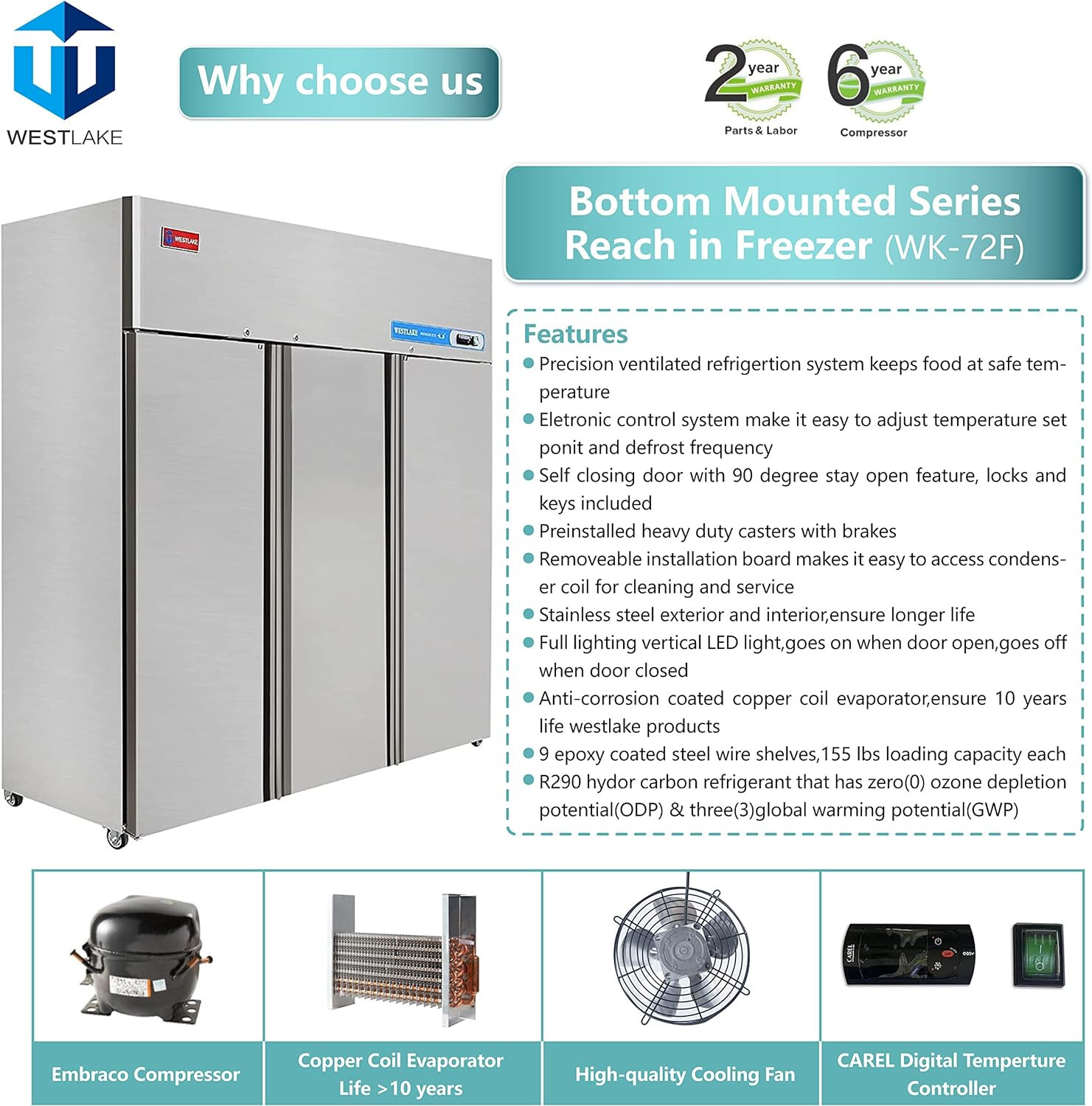 Commercial Reach In Freezer, WESTLAKE 72 Inch Commercial Freezer 3 Door 54 Cu.ft