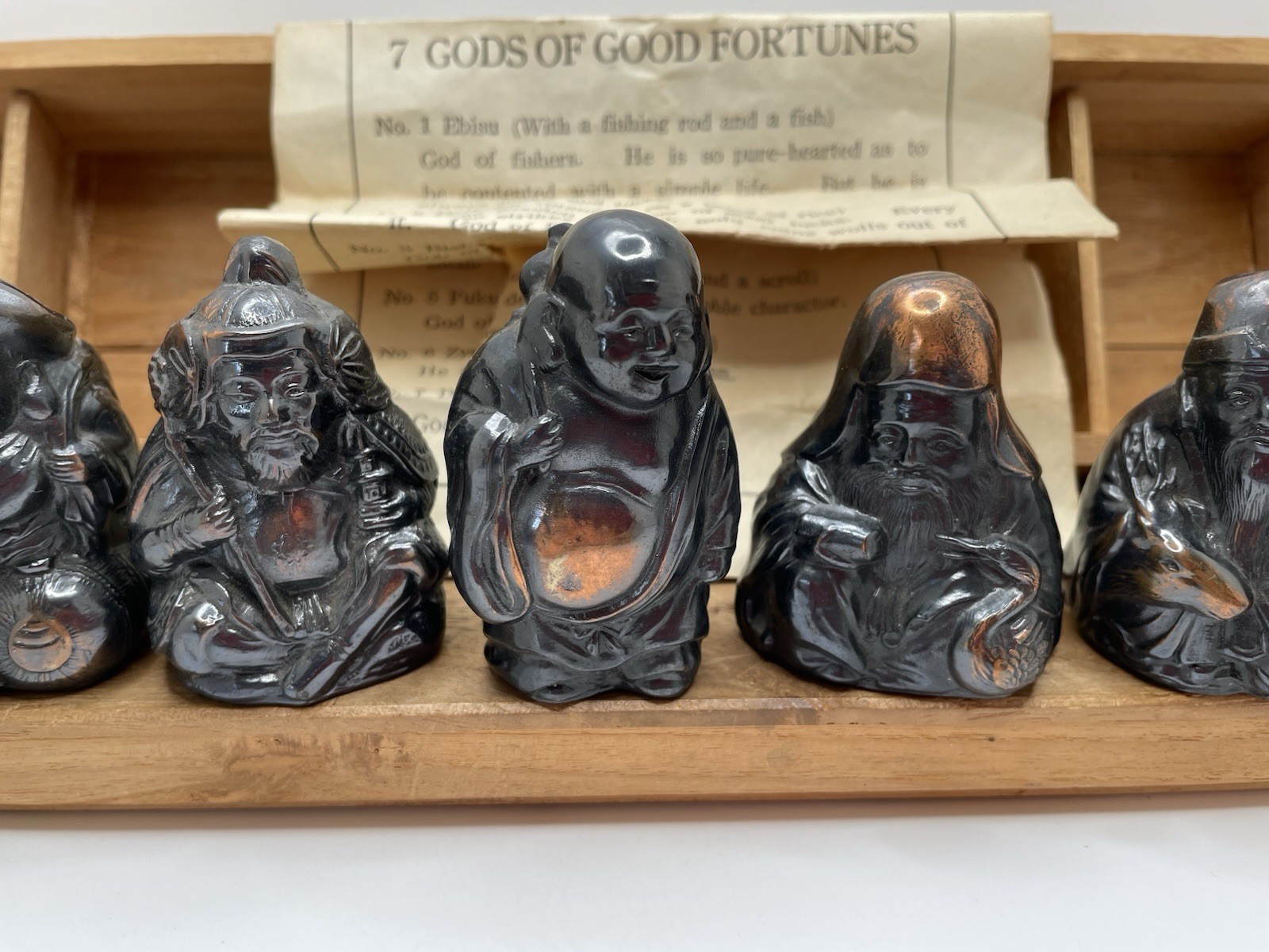 7 SEVEN IMMORTAL GODS Good Fortune Metal Numbered Figures Occupied JAPAN Box Vtg