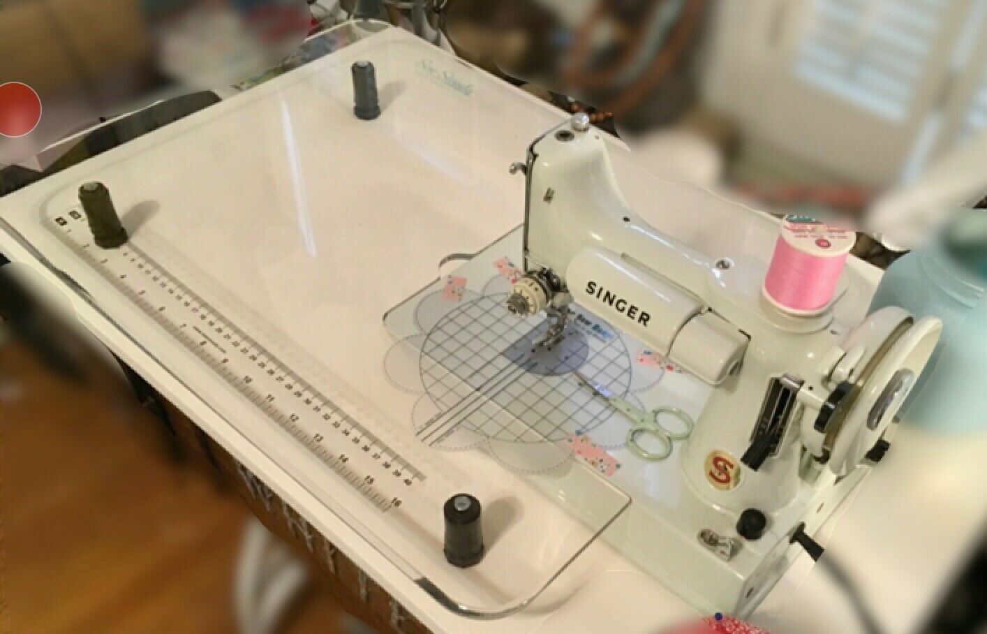 Singer Featherweight 221 (White) Sew Steady Large Table - w/bobbin access notch
