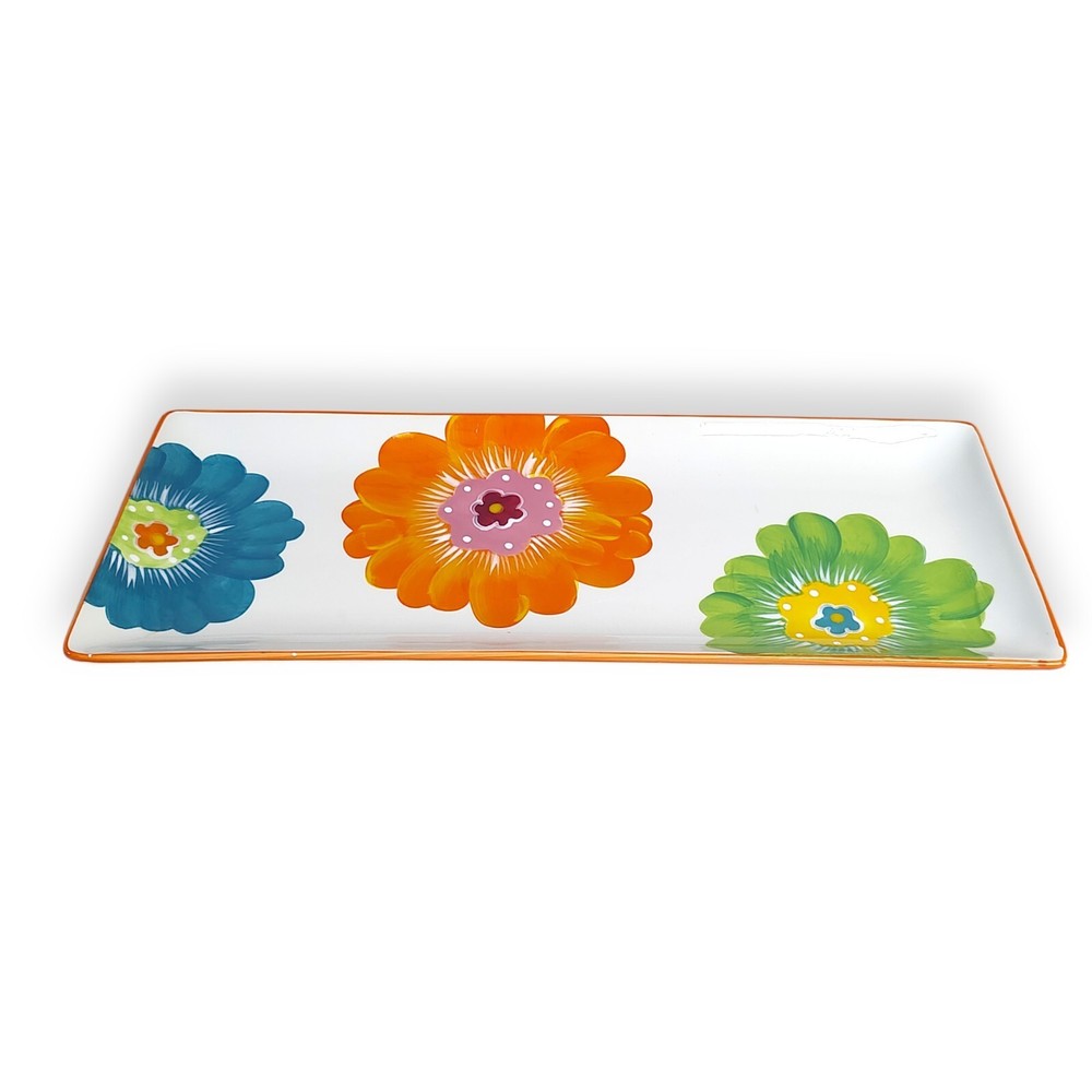 Fresh Decor Ceramic Big Bright Floral Serving Platter Rectangular Flowers 18x7