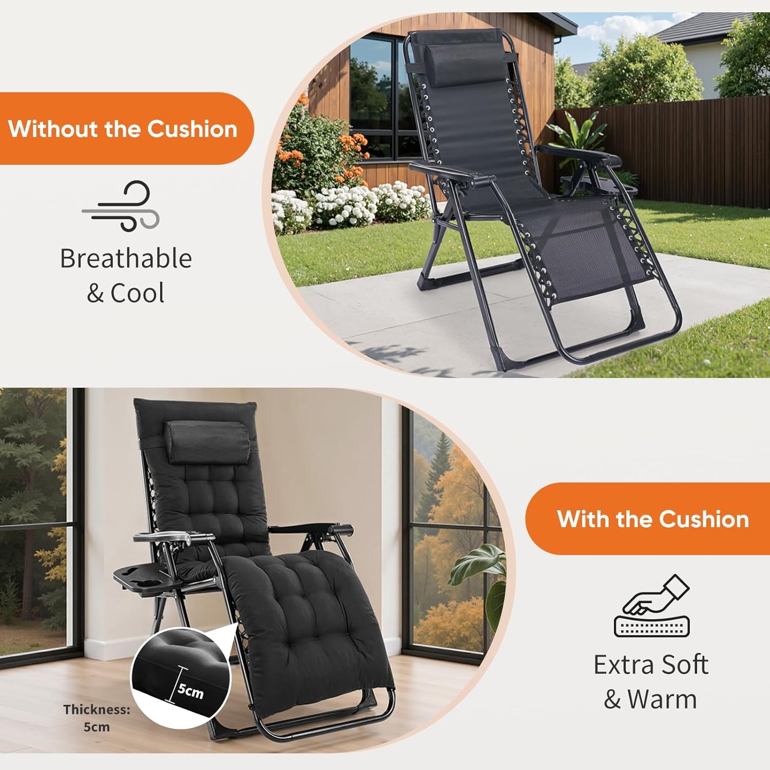 Zero Gravity Chair Outdoor Lounge Chair w/ Removable Cushion&Cup Holder&Headrest