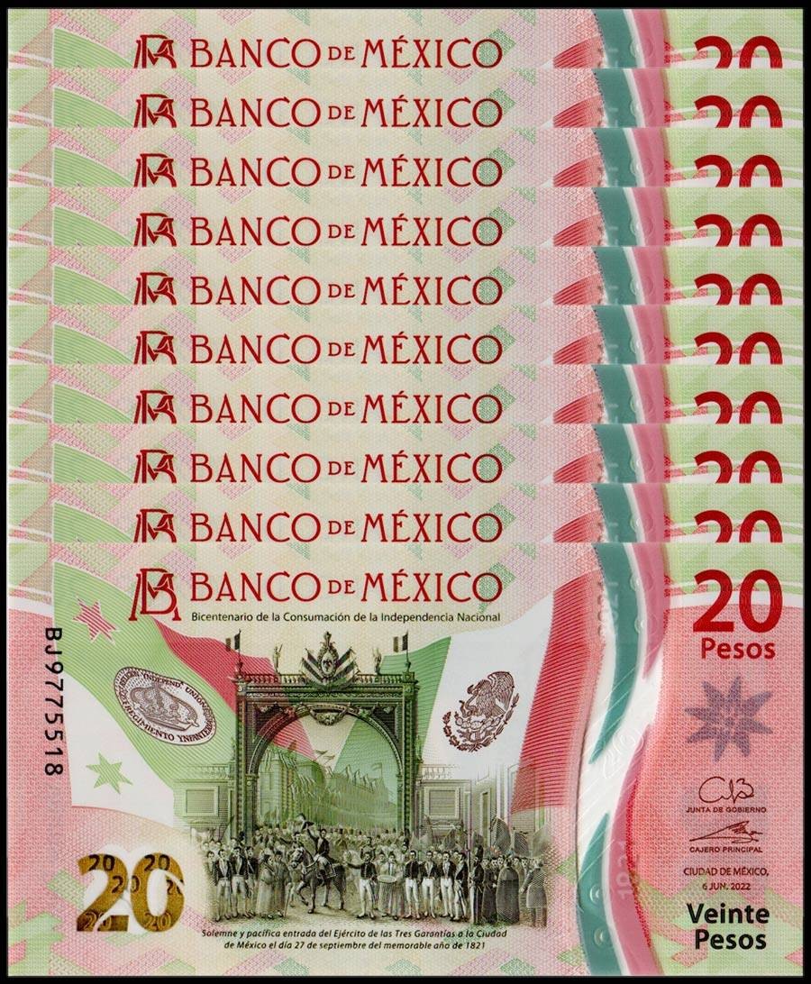 Mexico 20 Pesos, 2022, P-132d, UNC, Commemorative, Polymer X 10 PCS