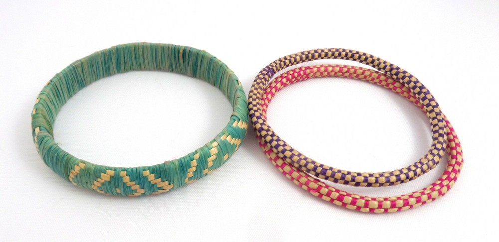 3 VTG Handmade Straw Weave Bangle Bracelets Multi Colored Native Design