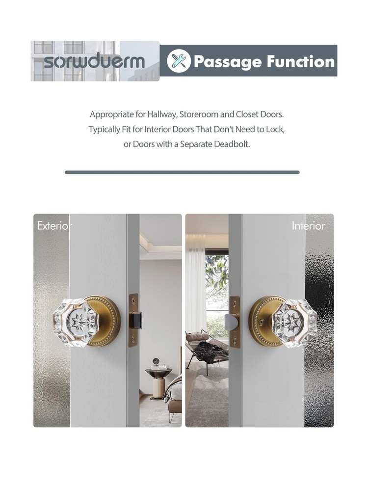 4 Pack Antique Brass Door Knobs Crystal Door Knob Passage Door Knobs Glass In...