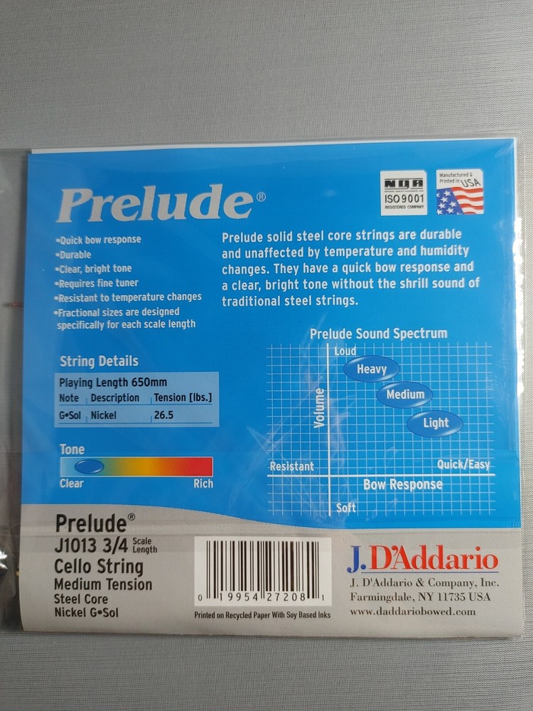 D'Addario Prelude Single Cello G String (3/4) Medium Tension