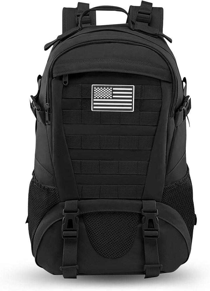 30L Black Waterproof Backpack Durable MOLLE Hiking Daypack with USA Flag Patch