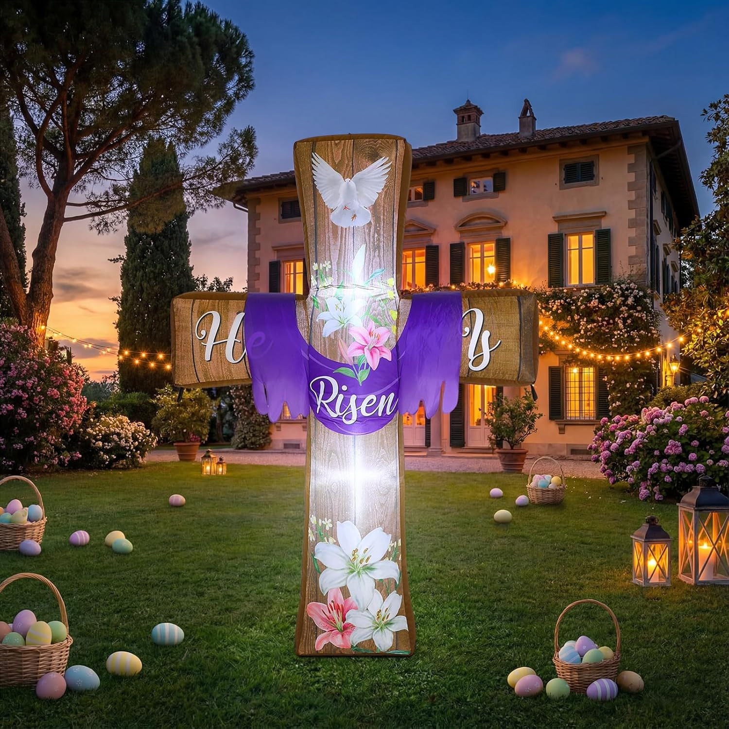 6Ft Easter Inflatables Outdoor Decorations He Is Risen Blow up Cross Yard Decora
