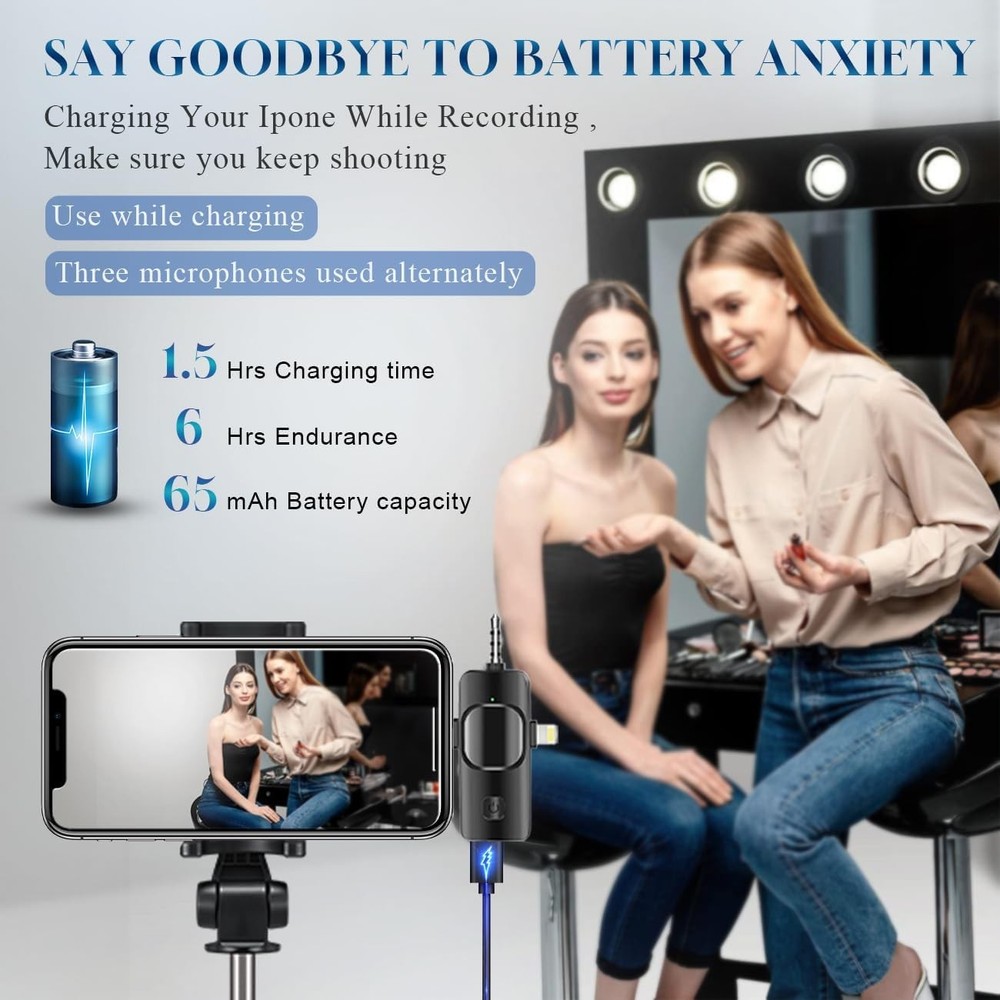 3 in 1 Wireless Lavalier Microphone for iPhone, iPad, Android, 3 MIC, Black
