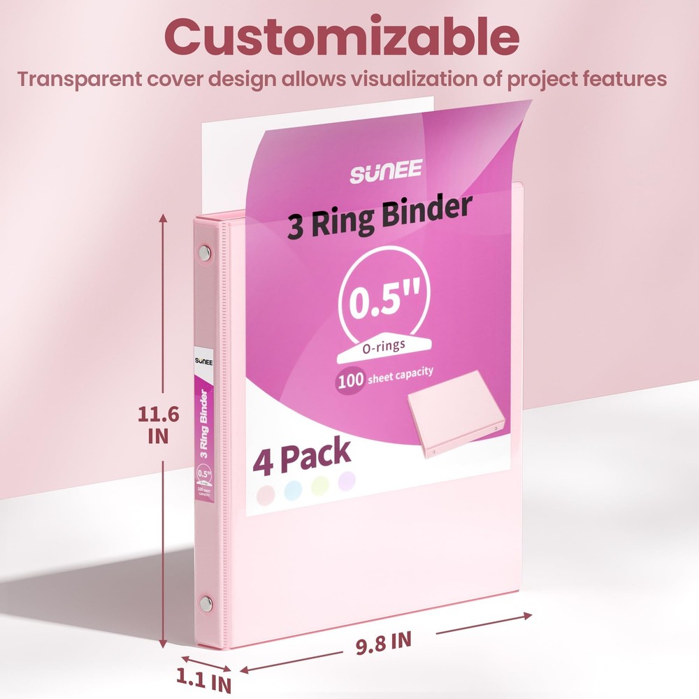 SUNEE 1/2 Inch Binders 3 Ring 4 Pack, Half Thin Binder 0.5 Inch, Pastel