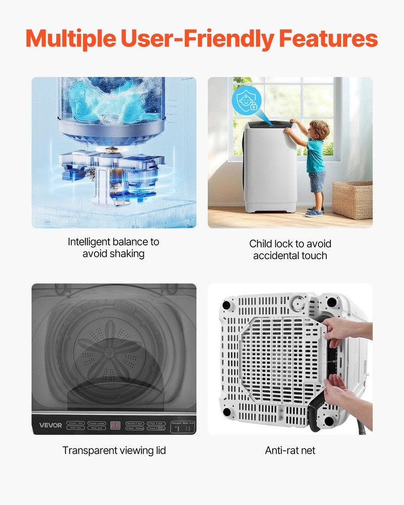 Portable Washer 1.3cu.ft, 8 Program Settings, 6 Water Levels, LED Interface