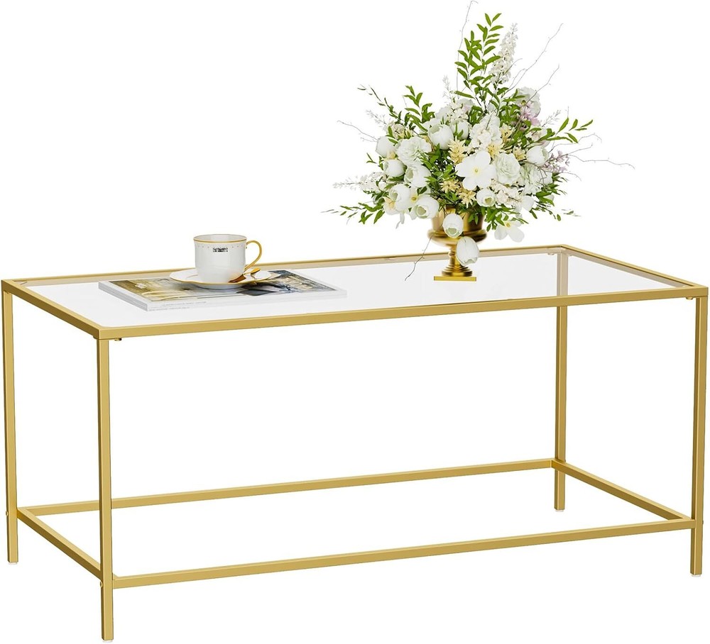 Glass coffee table, modern rectangular gold coffee table for living room