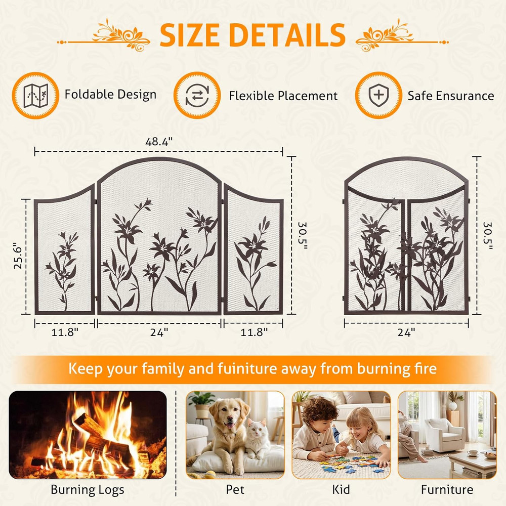 Fireplace Screen 3 Panel Folding Fireplace Screens 48.4 X 25.6 Inch Lily Pattern
