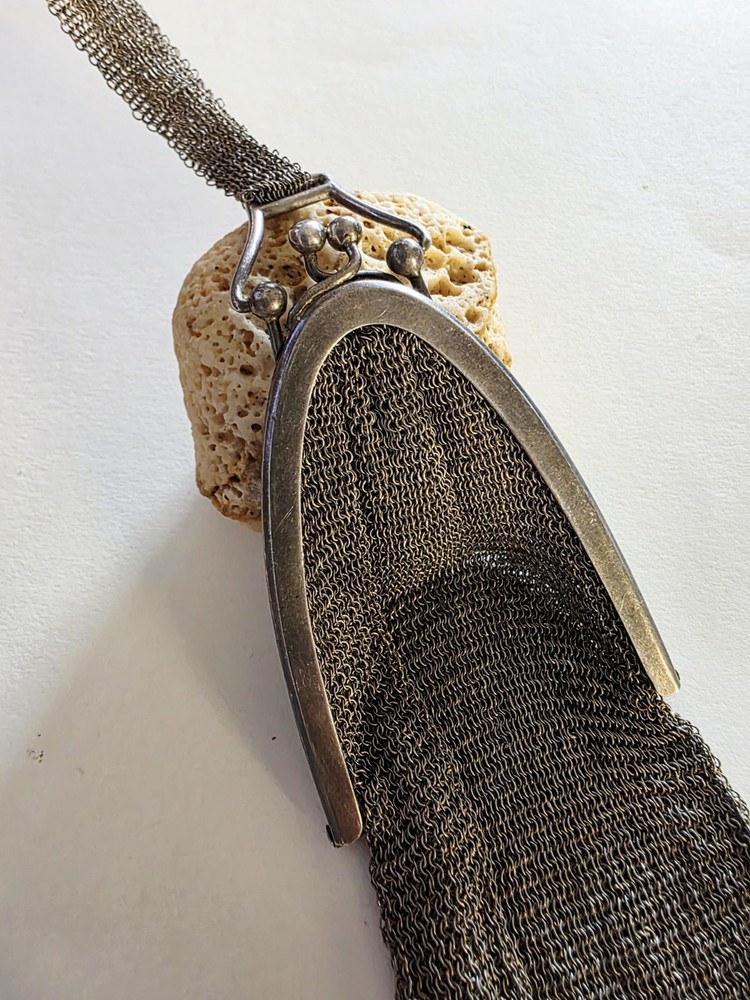 Antique Solid Silver 800 German Small Mesh Handbag Purse with Mesh Handle Strap.