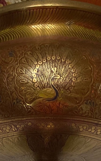 Etched Brass Pedestal Bowl Urn Peacock Floral Motif 7.3lb Ornate Centerpiece