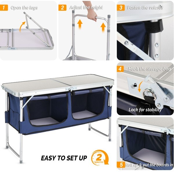 4 Ft Adjustable Folding Camping Aluminum Table with Storage White High Quality