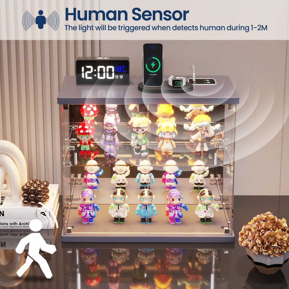 Smart Display Case with Human Sensor, Display Box with LED Lights for Figures