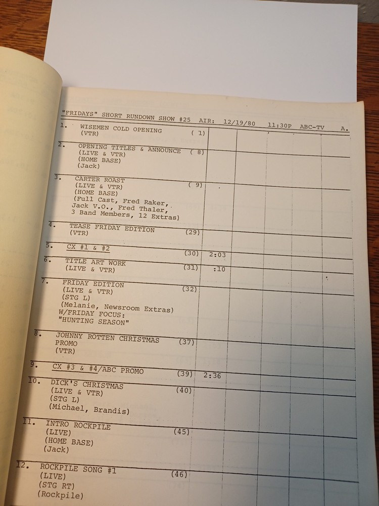 "Fridays" ABC-TV Studio 55 Dry Blocking Schedule & Script Dec 1980, JRR16