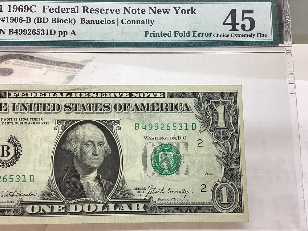 $1 1969C PMG 45 Printed Fold Error FR#1906-B