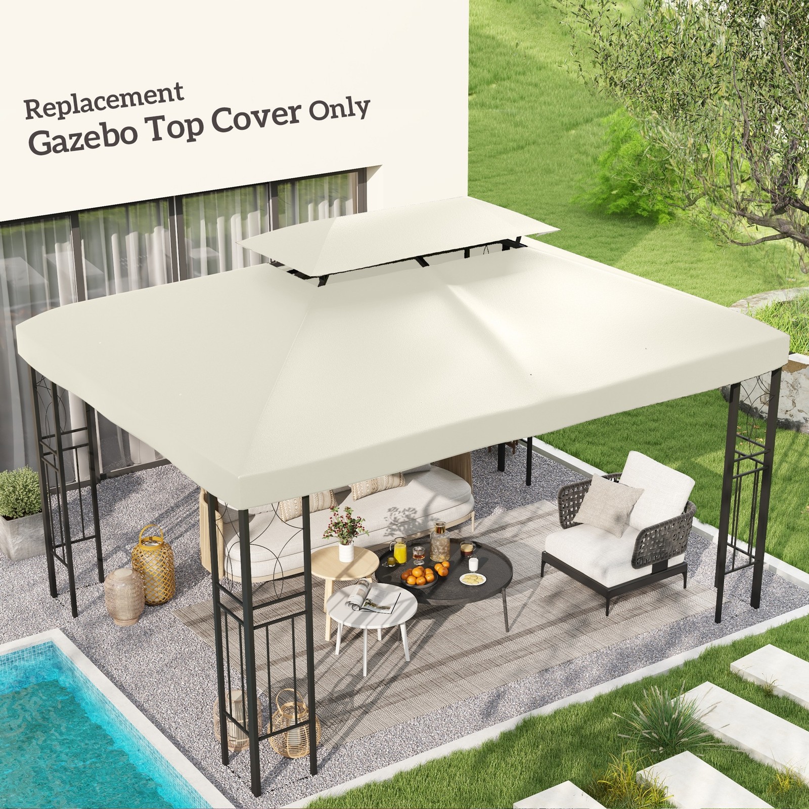 13' x 10' 2-Tier Gazebo Canopy Top Cover Replacement for Patio, Cream White