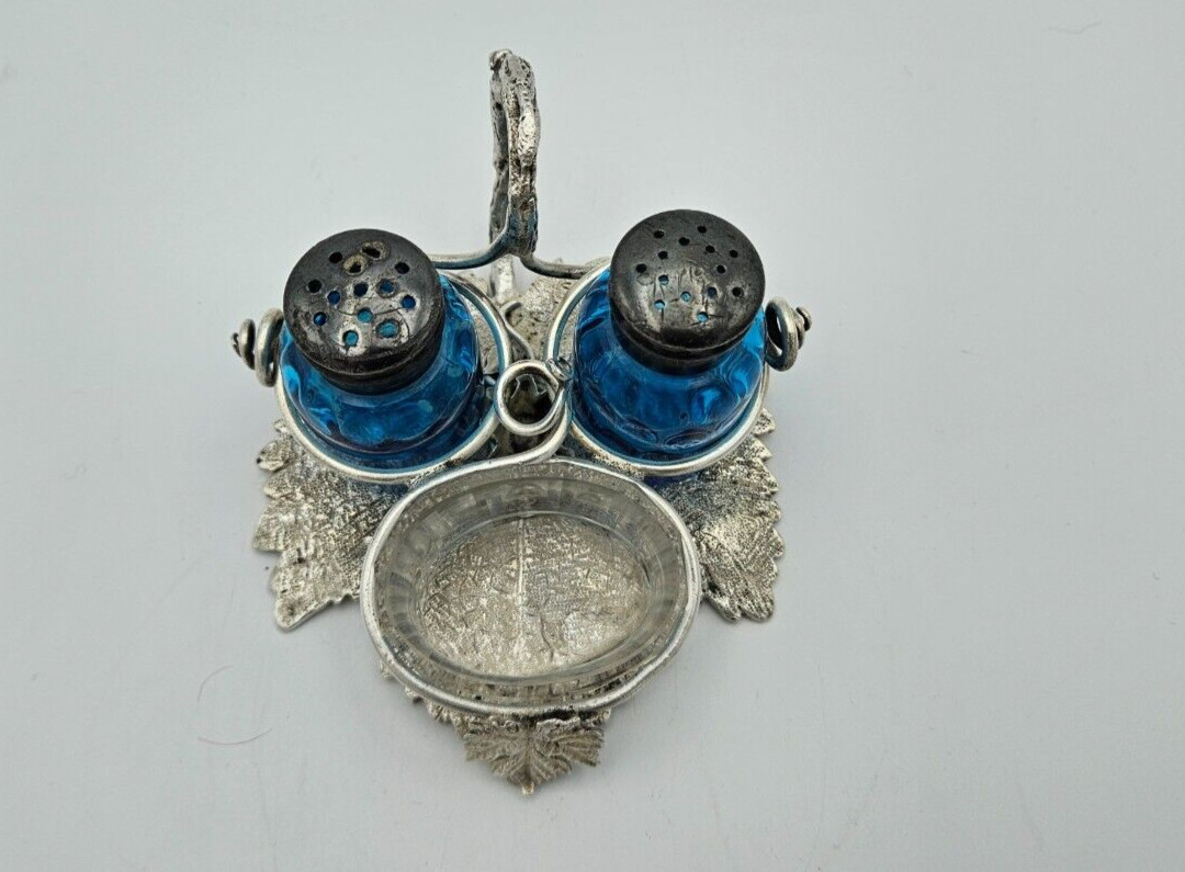 Antique sterling silver Hand-Made Stand w/Salt & Pepper Shakers & Salt Cellar