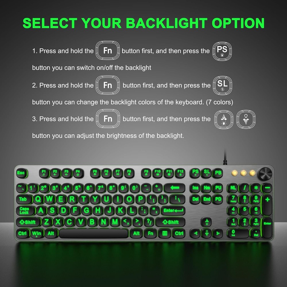 Large Print Backlit Keyboard with 7-Color Backlit, Wired USB Lighted Computer...