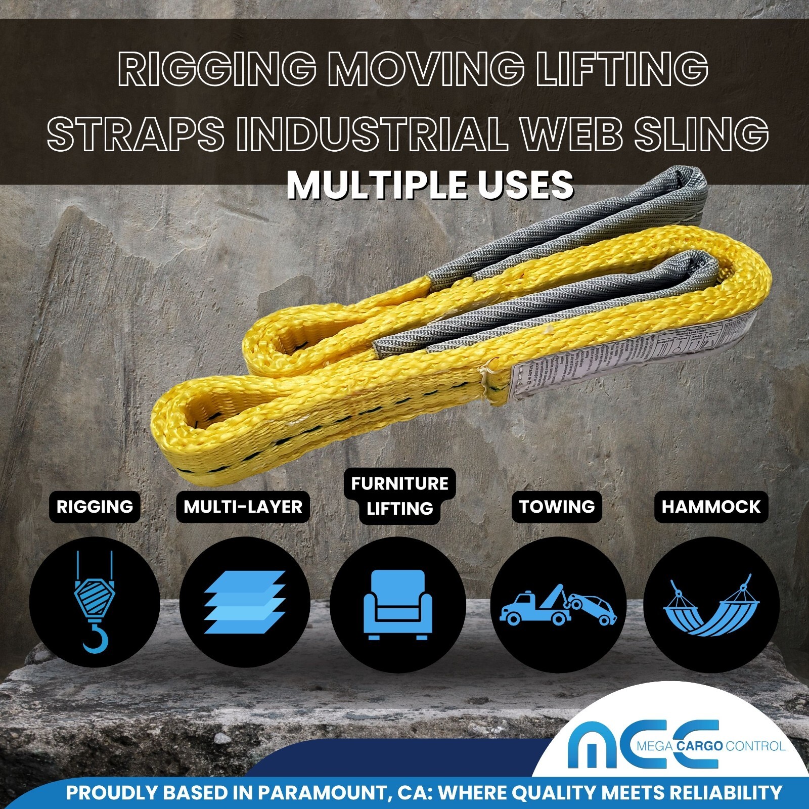 1 Pack 1" x 3ft 2 Ply Polyester Flat Eye Lifting Sling Strap Web Sling 3100 lbs