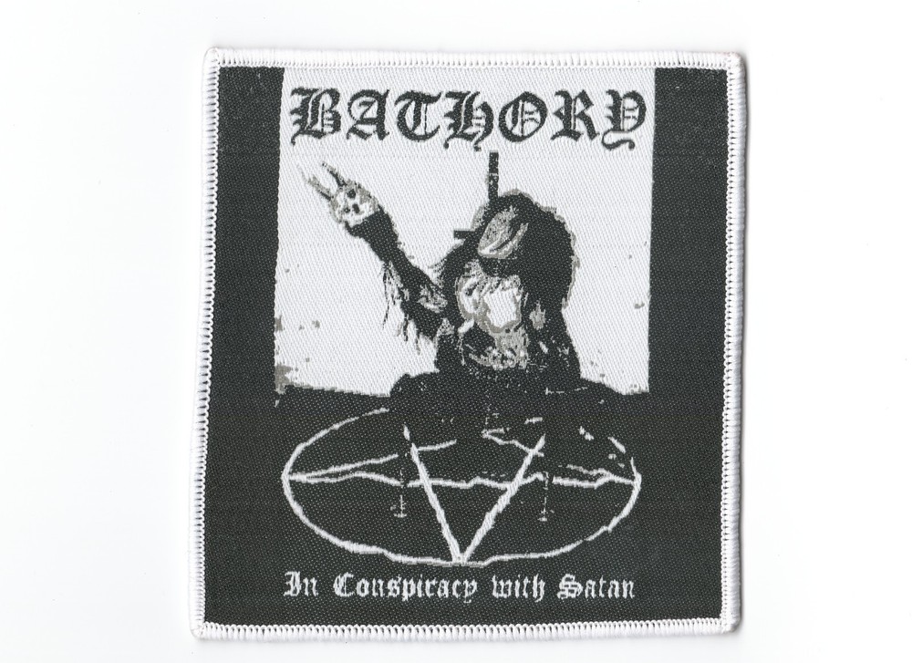 BATHORY, IN CONSPIRACY  WITH SATAN, SEW ON WHITE BORDER WOVEN PATCH
