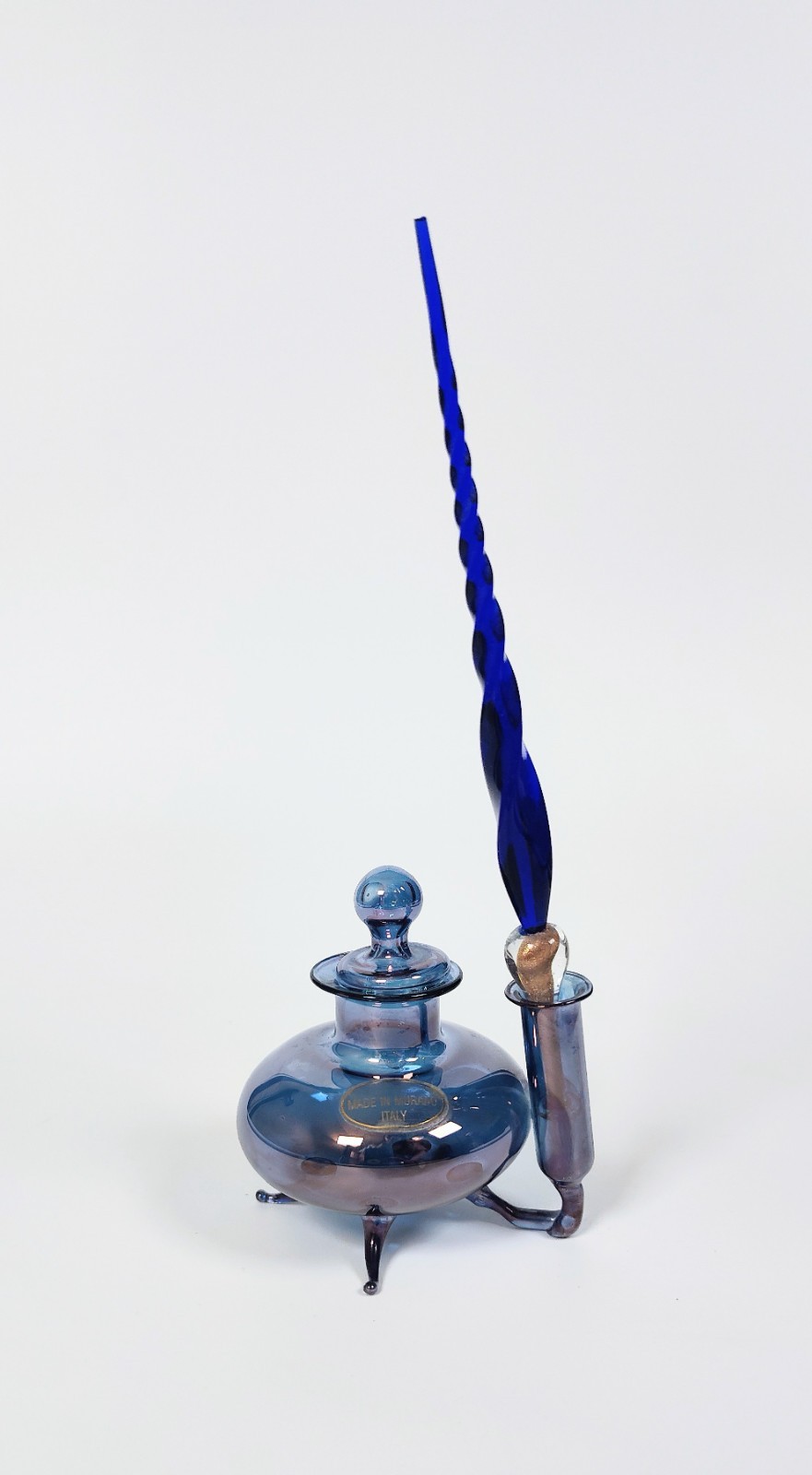 Rare 1960's Murano Glass Inkwell & Dip Pen Set – Cobalt Iridescent Signed Italy