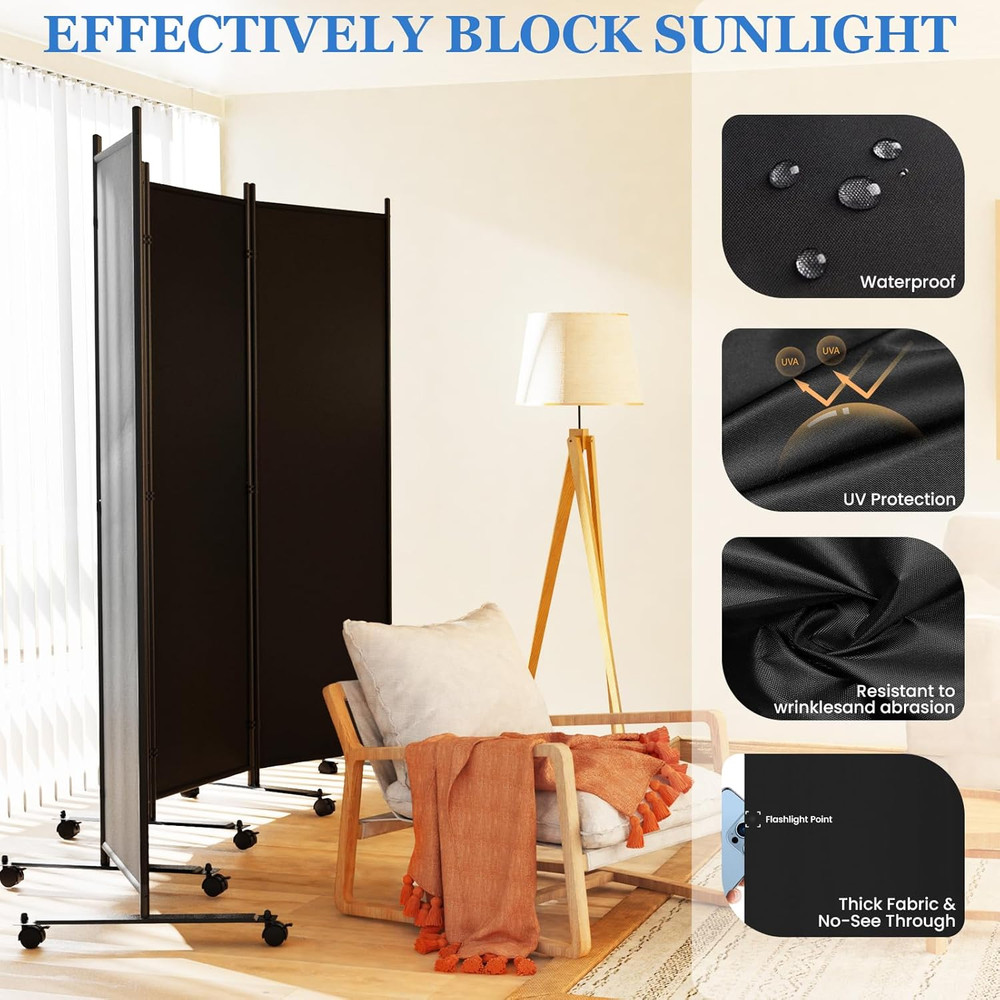 6FT Folding Room Divider with Lockable Wheels - 4 Panel Privacy Screen Black