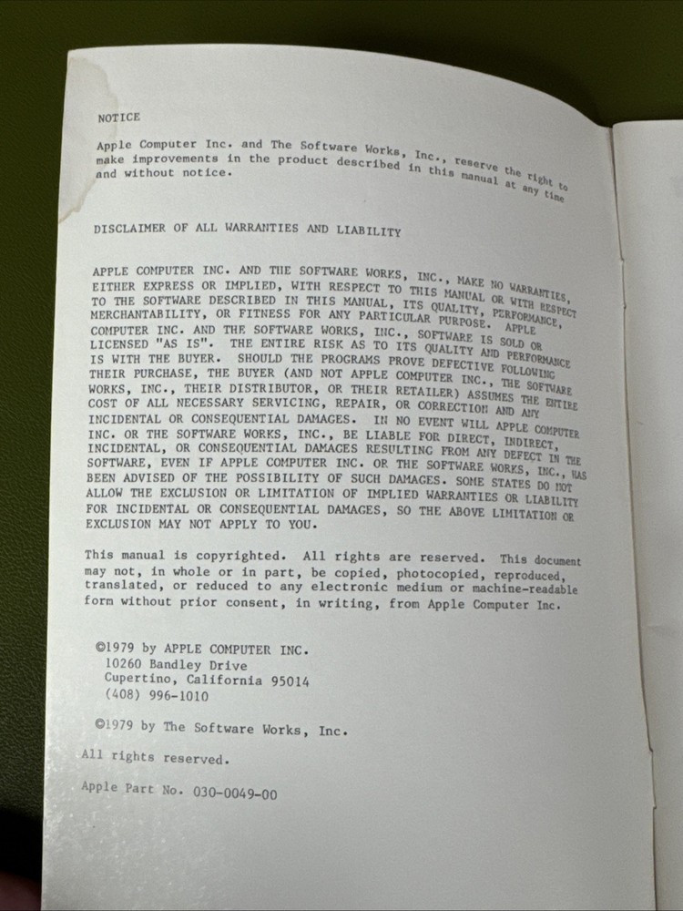 Vintage 1979 Apple Computer Inc, Apple Post Manual Brochure, Software Works