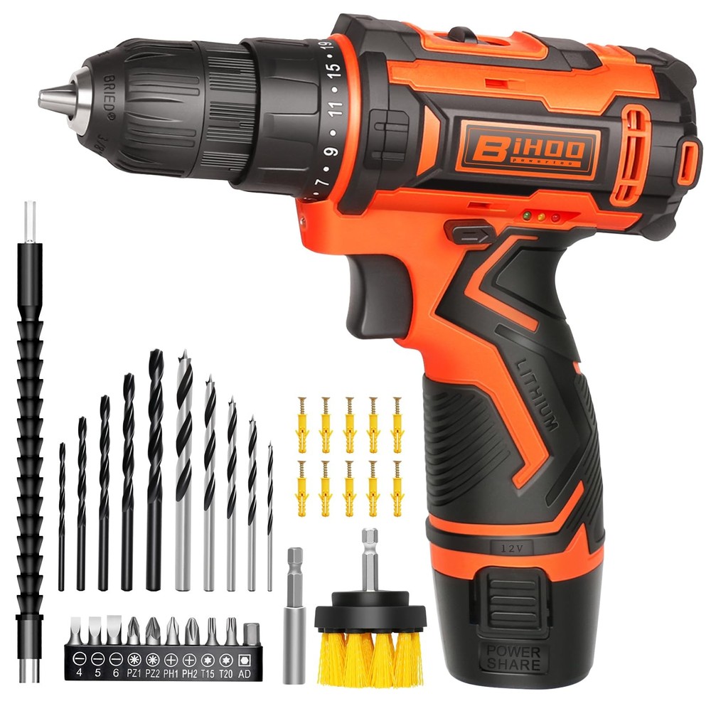 Cordless Drill Driver Set 12V,3/8"Keyless Chuck Battery Drill Kit,2 Variable ...