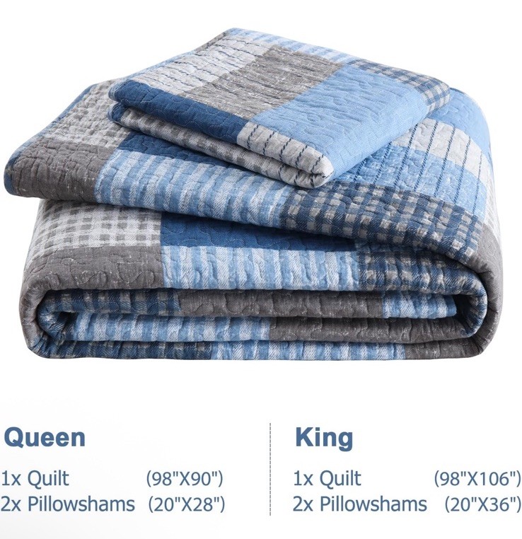 3-Piece Plaid Quilt Set Size, Lightweight Soft Full/Queen Blue White Plaid