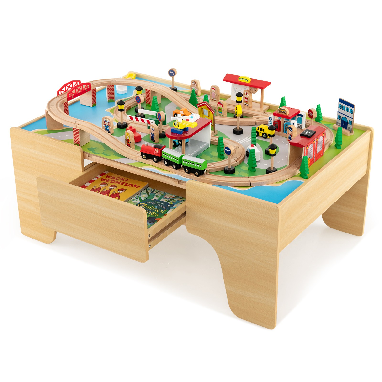 Kids Wooden Train Table Set 84 PCS Playset w/ Reversible Tabletop Storage Drawer