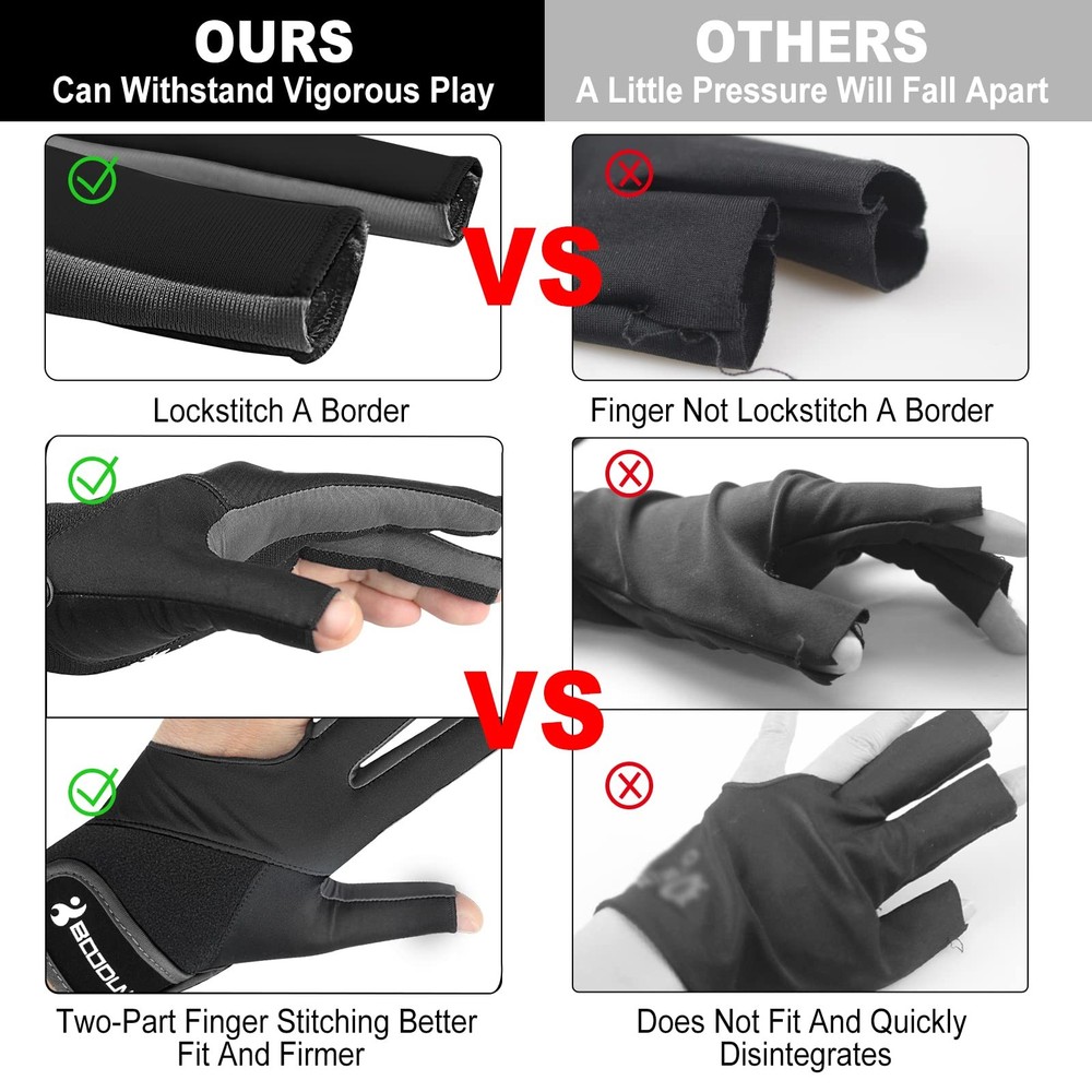 Billiard Pool Gloves for Left Hand 3 Finger, Splicing Process, Snooker Cue Sp...