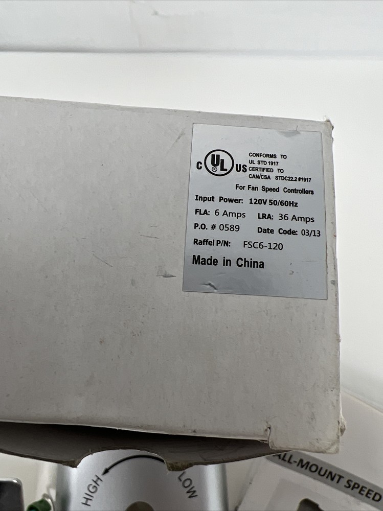 RAFFEL 385031 SOLID STATE SPEED CONTROL SWITCH FAN WALL MOUNT CONTROLLER 120V 50