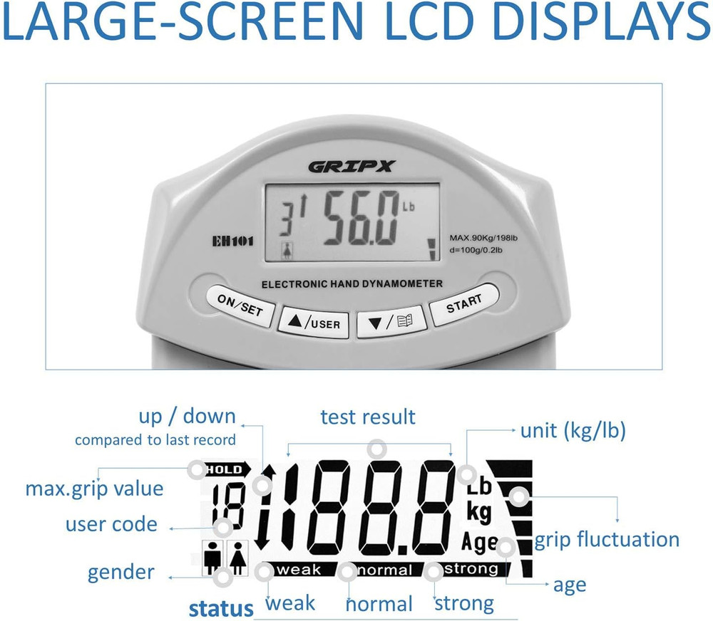 Digital Hand Dynamometer Grip Strength Measurement Meter Power 198Lbs