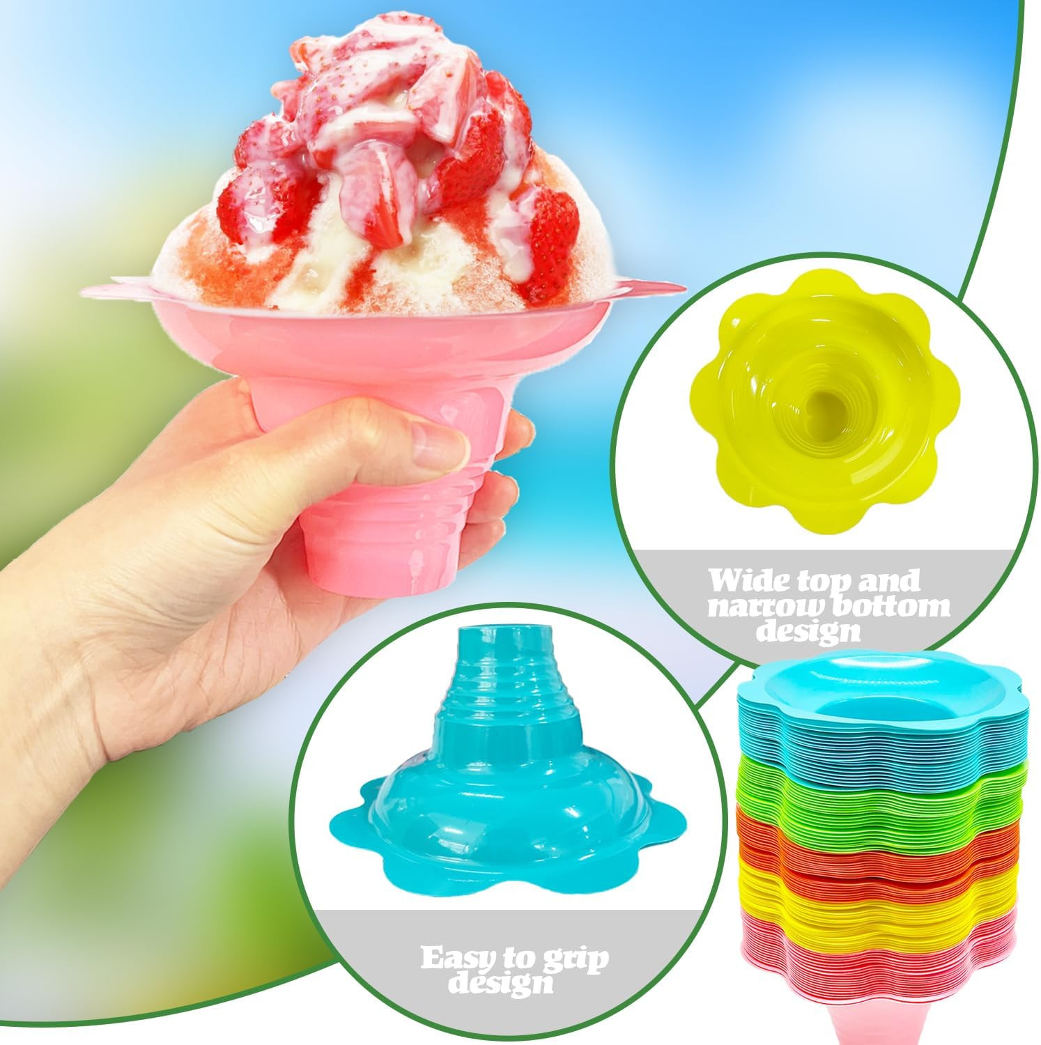 100 PCS Snow Cone Cups,Flower Shaped Shaved Ice Cups,4 OZ Plastic Snow Cone Bowl