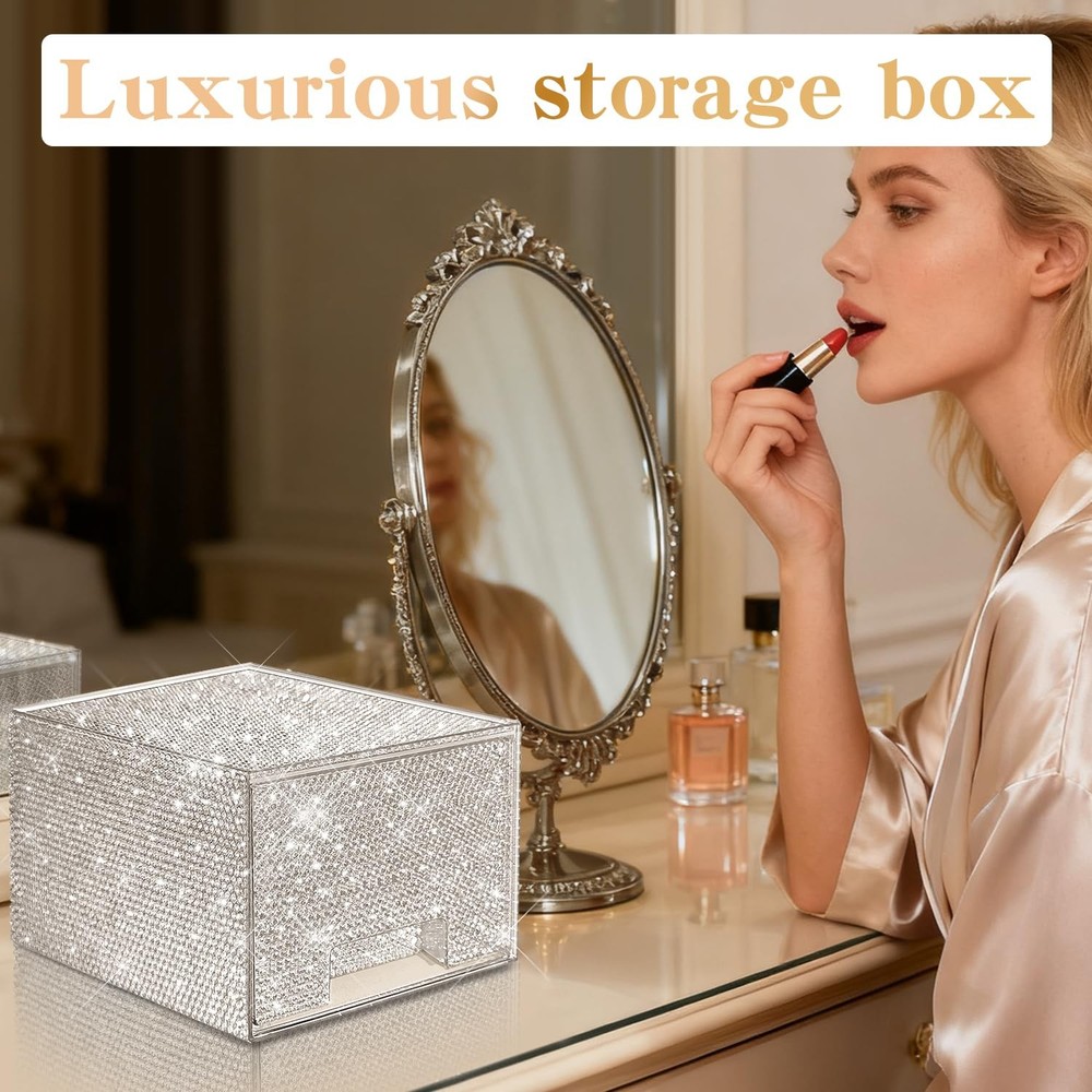 Bling Stackable Cosmetic Organizer with Silver Rhinestones, Glitter Acrylic D...