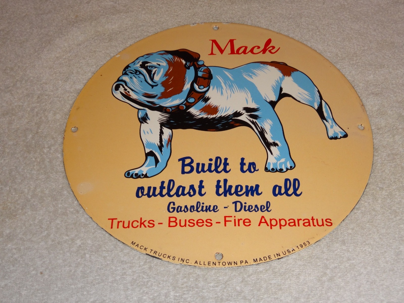 VINTAGE MACK🐶TRUCKS BUSES GASOLINE DIESEL 11 3/4" PORCELAIN METAL OIL DOG SIGN