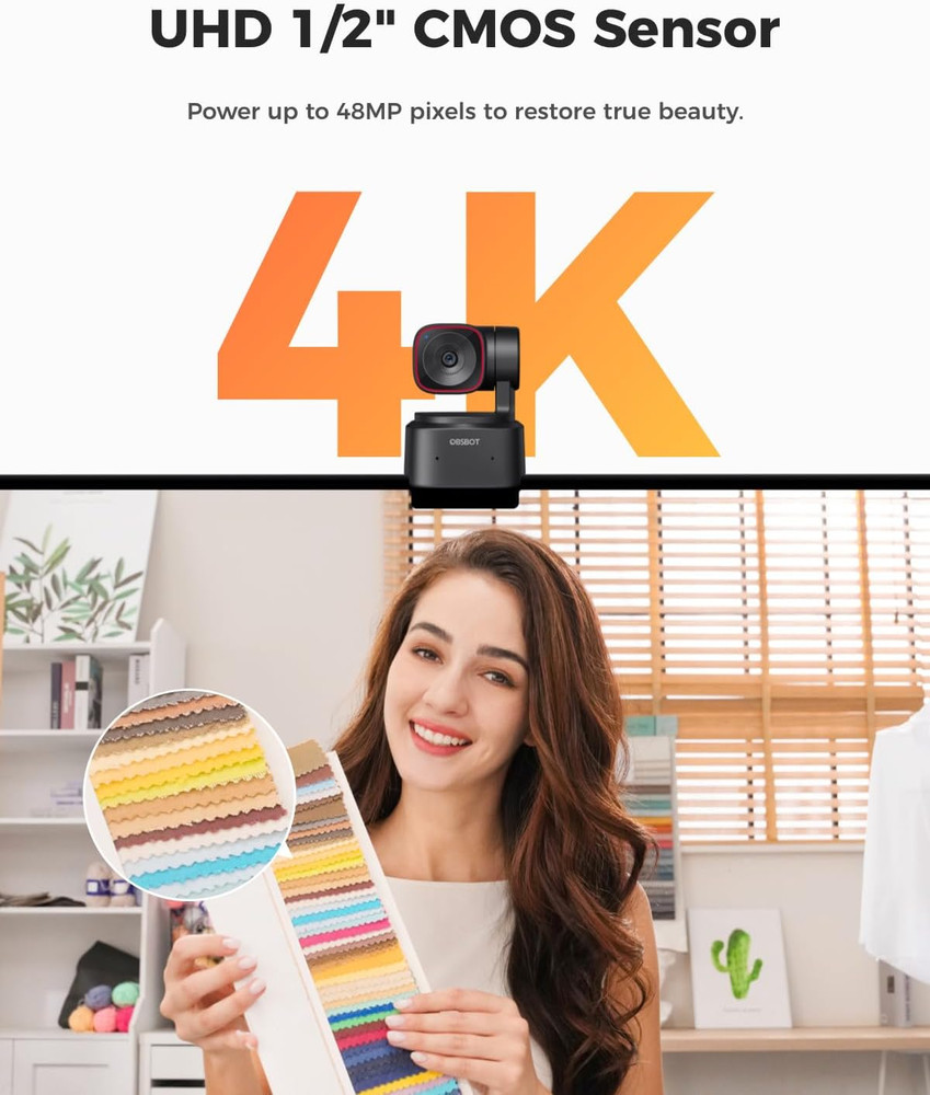 Tiny 2 Lite 4K Webcam for PC, AI Tracking PTZ Streaming Camera with 1/2" Sensor,