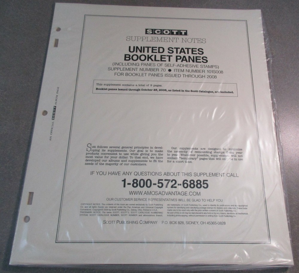 "SCOTT" U.S. BOOKLET PANES #70 2008 ALBUM SUPPLEMENT W/FREE SHIPPING!!