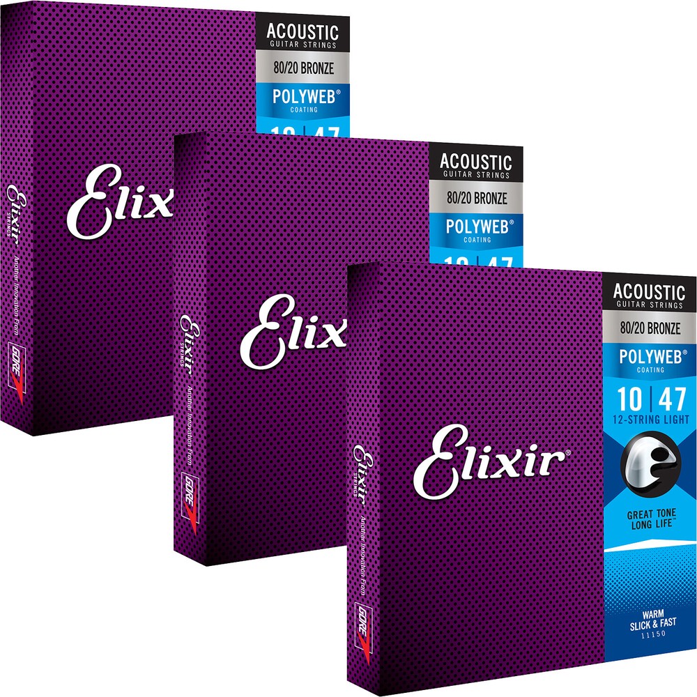 3 Sets Elixir 11150 12-String 80/20 POLYWEB Light Acoustic Guitar Strings 10-47