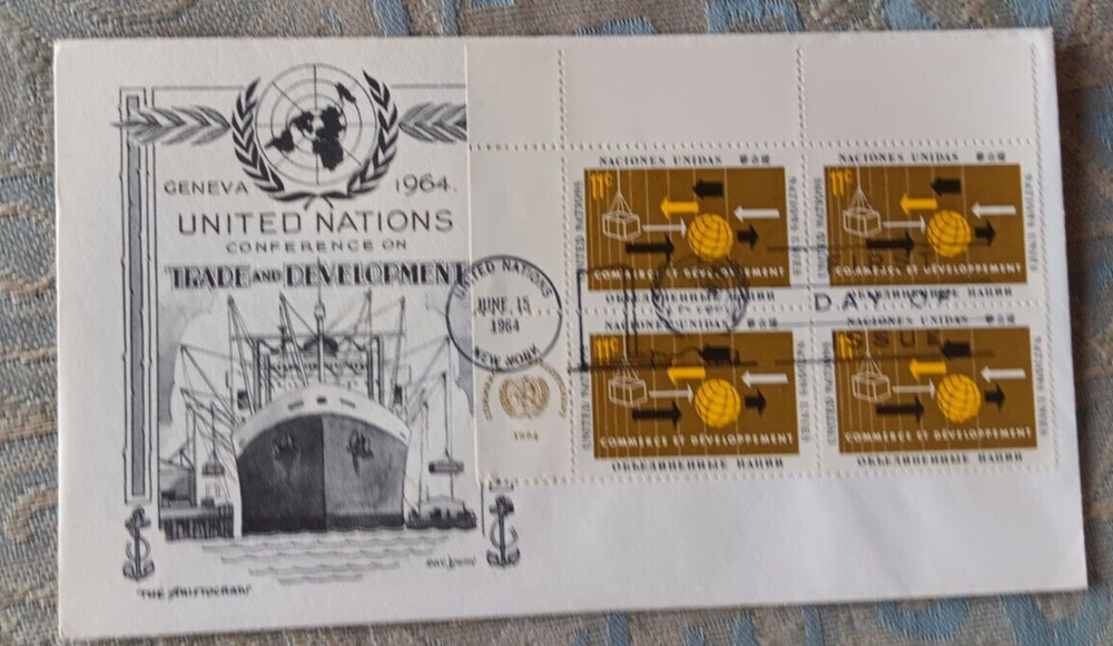 1965 TRADE & DEVELOPEMNT MI4 BLOCK SCARCE ARISTOCRATS CACHET FDC U.N. NY UNADDR