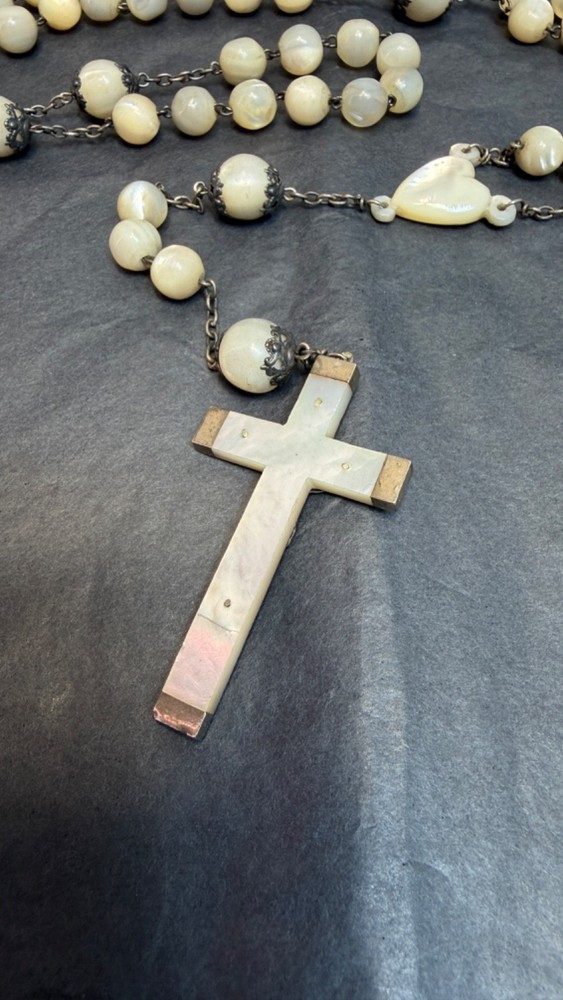 Victorian Big Rosary Filigree Silver MOP Mother Of Pearl Communion 2'' Crucifix