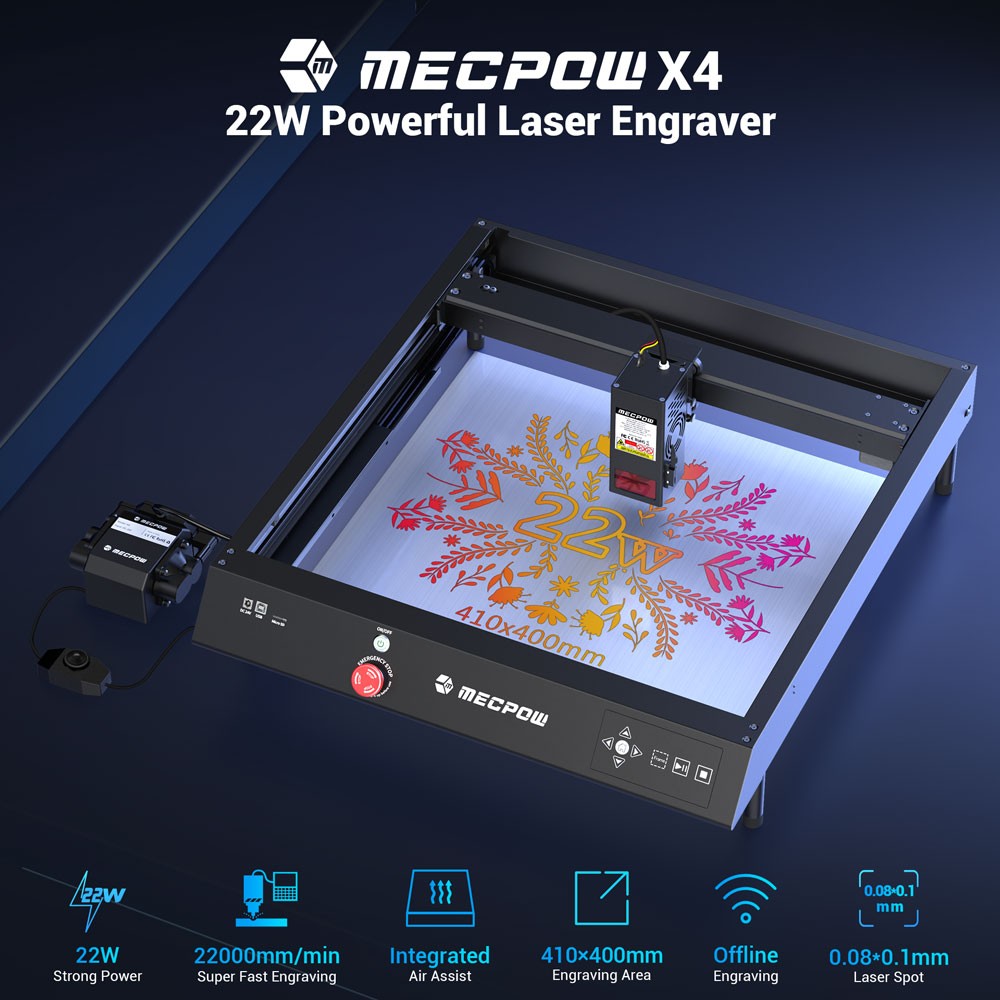 Mecpow X4 22W Laser Engraver Cutter Auto Air Assist 22000mm/min 410 x 400mm Area