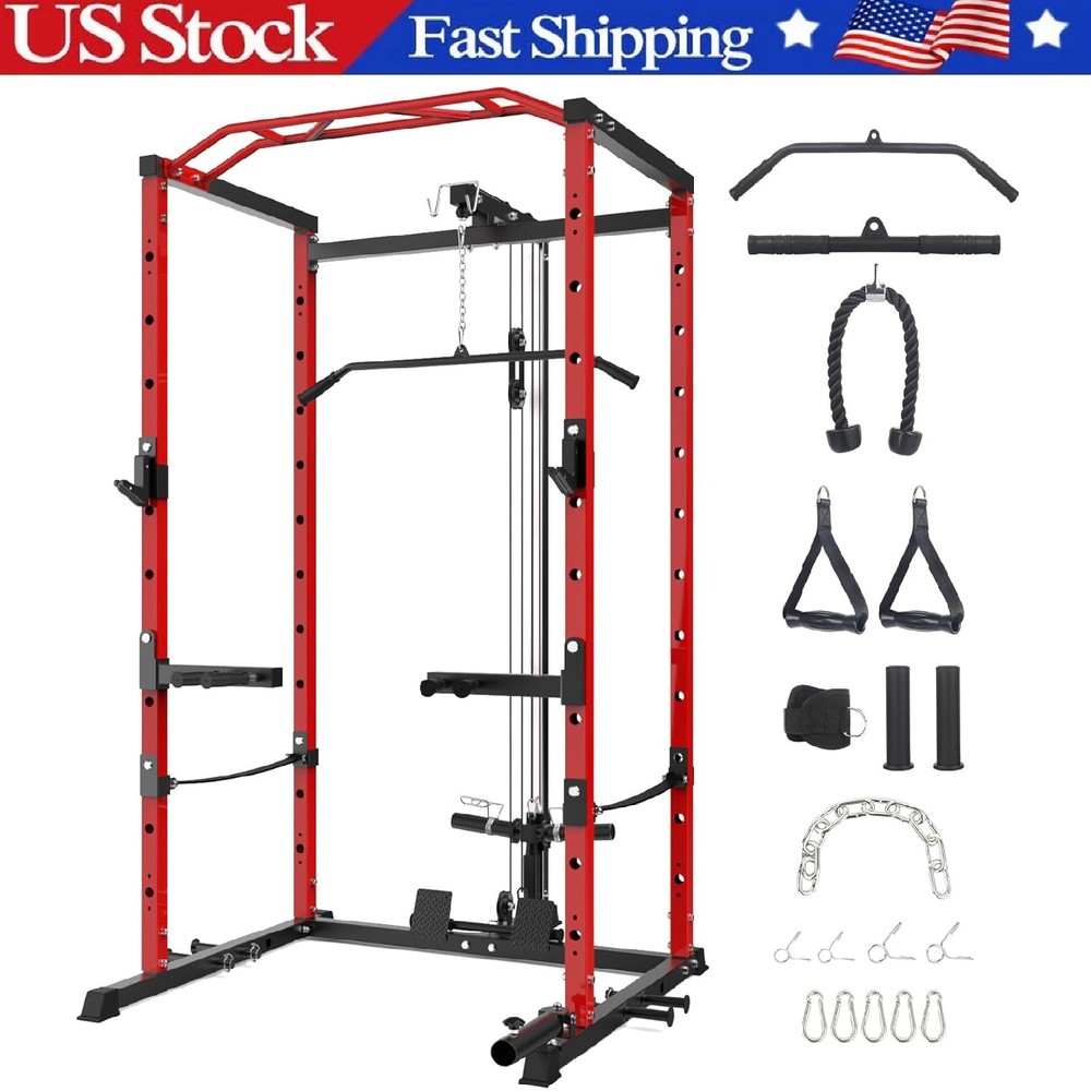 Multi-Functional Power Cage with LAT Pulldown System 1600LBS Power Rack Home Gym